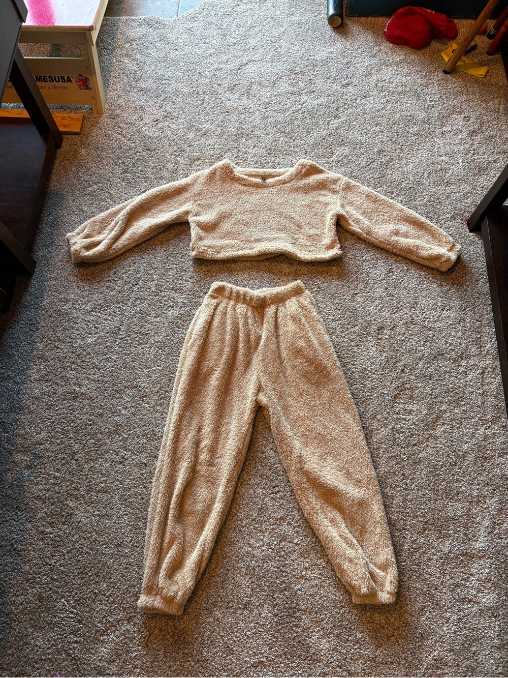 Cozy Tan Plush Pajama Set - Soft Crop Top & Jogger Pants